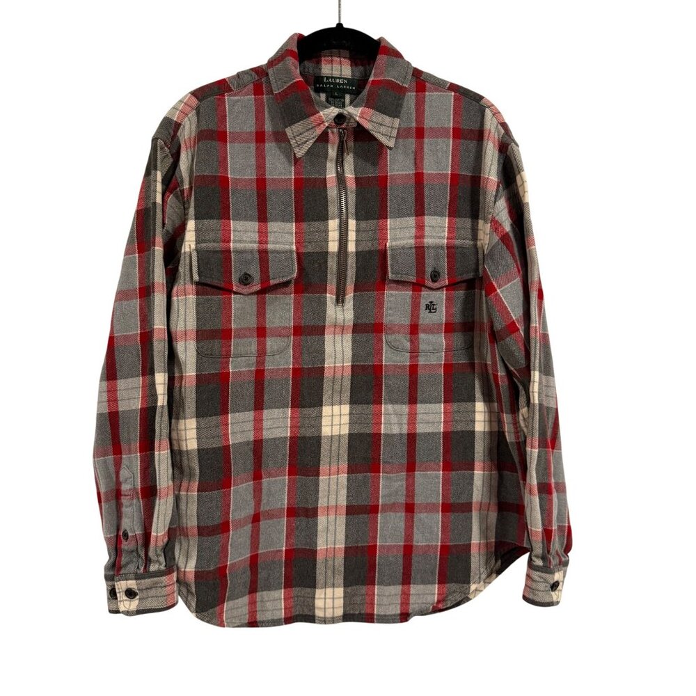 Lauren Ralph Lauren Red Gray Plaid Flannel 1/4 Zip Pullover Women's Size L‎